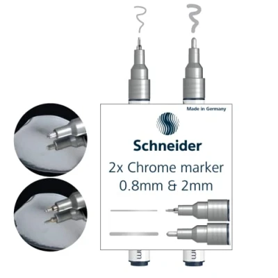 Abbildung von Schneider 060+061 Chrommarker Set (0,8 mm &amp; 2,0 mm, hochpigmenierte Tinte mit Spielgeleffekt, für viele Untergründe geeignet) 2 Stück chrom