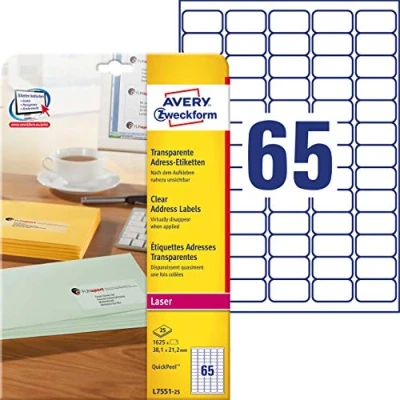 Abbildung von AVERY Zweckform L7551 25 Adressetiketten/Adressaufkleber (1.625 Etiketten, 38,1x21,2mm auf A4, bedruckbar, selbstklebend, für Absenderetiketten, durchsichtige Polyesterfolie) Blatt, transparent
