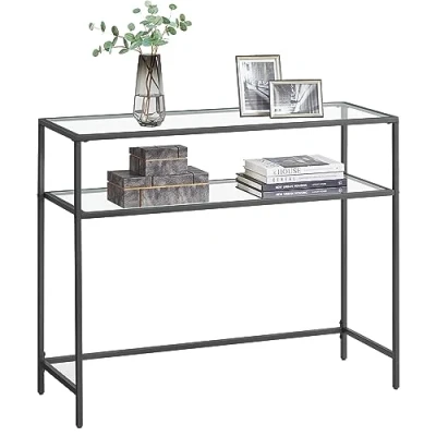 Abbildung von VASAGLE Konsolentisch, Eingangstisch, Sofaspitze, Tischplatte aus Hartglas, Metallrahmen, 2 Ebenen, verstellbare Füße, für Wohnzimmer, Eingang, Flur, Schwarz LGT025B01