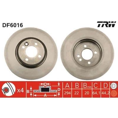 Abbildung von TRW DF6016 Bremsscheibe 294 22 4 100 Belüftet MINI: Hatchback, Convertible
