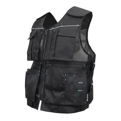 Abbildung von Högert Technik HELWIG Werkzeugweste Schwarz Uni Gewebe 100% OXFORD 600D Polyester Arbeitsweste Arbeitswesten männer mit vielen Taschen, Montageweste, Herren