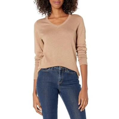 Abbildung von Amazon Essentials Damen Leichter, Langärmeliger Pullover Mit V Ausschnitt, Klassischer Schnitt (Erhältlich In Übergröße), Kamelbraun Meliert, L