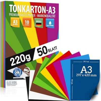 Abbildung von 50 Blatt Buntpapier TONKARTON DIN A3 220 g Set 10 Farben Bastelpapier Dick, Farbige Blätter Pappe für Kinder, DIY Bogen, Cardstock Zubehör BLAUER ENGEL &amp; PEFC Zertifizierung MADE IN GERMANY