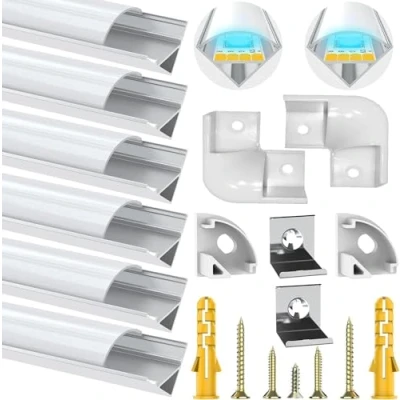Abbildung von Chesbung Led Profil für Stripes/Streifen/Strip, 6X1M Alu U Form Eckprofil, Leiste Kanal with Milchig Weißer Abdeckung, Indirekte Beleuchtung Decke Diffusor mit 90 Grad Eckverbindern