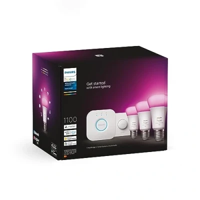Abbildung von Philips Hue White &amp; Color Ambiance Starter Set mit E27 Lampen 3 er Pack (1100), Smart Button + Bridge, TESTSIEGER Stiftung Warentest (01/2024), 16 Mio. Farben per Sprache und App steuerbar