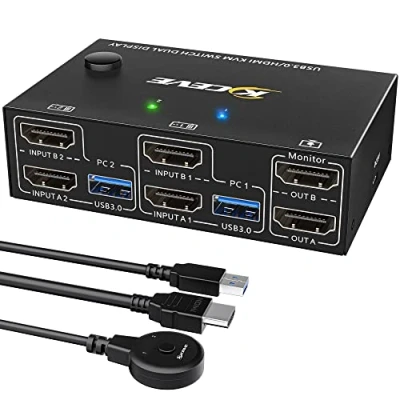 Abbildung von USB 3.0 HDMI KVM Switch 2 PC Monitore, EDID Emulator, 4K@60Hz Extended Display, 2.0, Dual Monitor Monitore Teilen Kabellose Tastatur, Maus, Wired Remote und 4 Kabeln