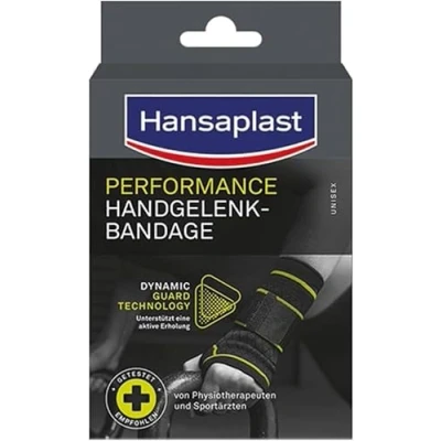 Abbildung von Hansaplast Performance Handgelenk Bandage, Handgelenkstütze stabilisiert &amp; entlastet das Gelenk, Handgelenkschoner für rechtes linkes unterstützt die aktive Erholung, Größe S/M