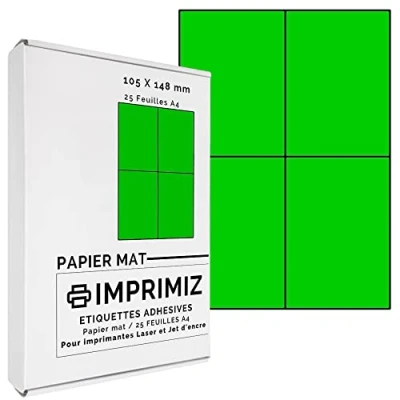 Abbildung von 100 selbstklebende Etiketten neon grün von 105 x 148,5 mm 4 Etiketten/Blatt 25 Blatt A4 / Papier matt Farbe Für Inkjet/Laser/Kopier Drucker farbig