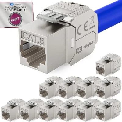 Abbildung von HB DIGITAL 12x CAT 8.1 Keystone Modul Jack GHMT zertifiziertes RJ45 Buchse STP 2000MHz 40Gbit/s LSA werkzeuglos Kupplung Netzwerk Einbaubuchse für Patchpanel Ethernet LAN Verlegekabel