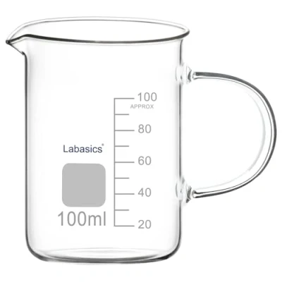 Abbildung von Labasics Glasbecher, G3.3 Borosilikat Laborglas Messbecher Transparenter Becher mit Griff und Ausguss, 100 ml