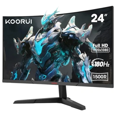 Abbildung von KOORUI 24 Zoll Curved Gaming Monitor, FHD 1080p, 1ms Reaktionszeit,180Hz Bildwiederholraten, HDMI 2.0/DP 1.2, 250cd/m² Helligkeit, Schwarz 24E6CA