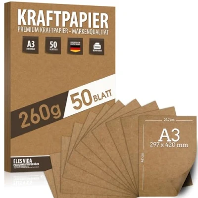 Abbildung von 50 Blatt Kraftpapier A3 Set 260 g 29,7 x 42 cm DIN Format Bastelpapier &amp; Naturkarton Pappe Blätter aus Kraftkarton zum Drucken, Kartonpapier Basteln für Vintage Hochzeit Geschenke Etiketten
