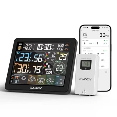 Abbildung von Raddy N80 Smart Wi Fi Wetterstation mit APP Steuerung, Funk Außensensor, 8&#039;&#039; großes Farbdisplay, Sonnenaufgangs /Sonnenuntergangszeiten, PM2.5/AQI, UV Index, 4 Wecker