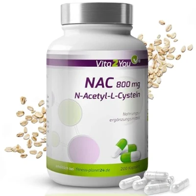 Abbildung von Vita2You NAC 800mg 200 Kapseln N Acetyl L Cystein ohne Zusätze Hochdosiert Aminosäure Premium Qualität