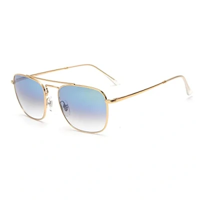 Abbildung von JIM HALO Quadratische Pilotensonnenbrille im Retro Stil Premium Glass Lens Flat Metal Eyewear Herren Damen (Gold/Farbverlauf Blau)