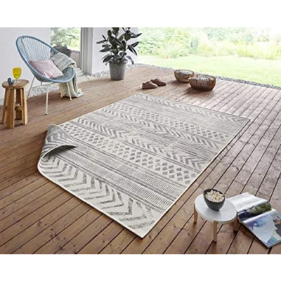 Abbildung von NORTHRUGS in und Outdoor Teppich Biri 80x150cm Wendeteppich Wetterfest Boho Style Vintage Design Läufer für Balkon Terrasse Garten Wintergarten Wohnzimmerteppich Wasserfest Grau Creme