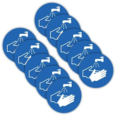 Abbildung von 10 Stück Hände desinfizieren/waschen Aufkleber Ø 9,5cm Sticker Gebotszeichen mit UV Schutz für Außen und Innenbereich von STROBO