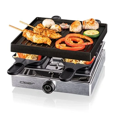 Abbildung von Cloer 6454 Raclettegrill mit Aluminium Druckguss Platte, 750 W, 4 antihaftbeschichtete Raclettepfännchen, Kunststoffspachtel, unbeheizter Parkplatz,