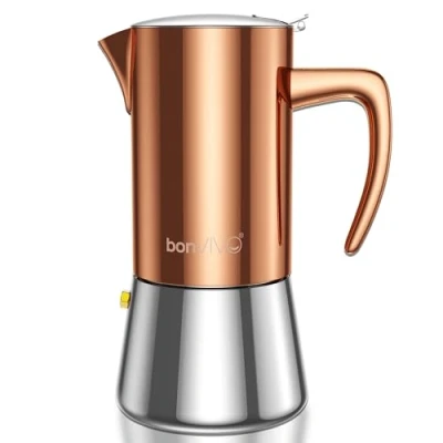 Abbildung von bonVIVO Espressokocher Induktion geeignet Edelstahl Kaffeekocher in Kupfer Optik m. Wasserkessel u. Sieb Mokkakanne 6 Tassen 300 ml Weihnachtsgeschenke für den Haushalt