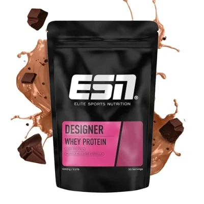 Abbildung von ESN Designer Whey Protein Pulver, Chocolate, 1 kg, bis zu 23 g pro Portion, ideal zum Muskelaufbau und erhalt, geprüfte Qualität made in Germany