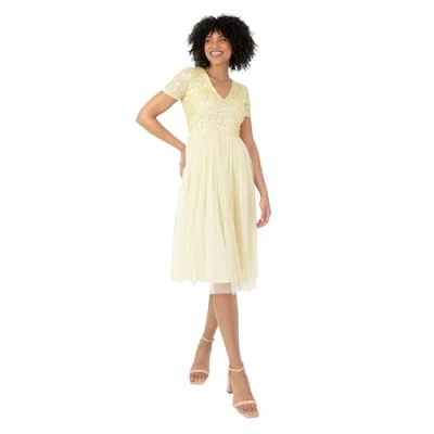 Abbildung von Maya Deluxe Damen Embellished Midi Evening Dress Women Ladies V Neckline with Short Sleeve for Prom Wedding Brautjungfernkleid, Lemon, 52
