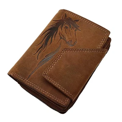 Abbildung von Echt Büffel Vollleder Damen Geldbörse / Geldbeutel Portemonnaie Portmonaise Geldtasche Portmonee in Hochformat mit Pferd Motiv RFID &amp; NFC Schutz Cognac