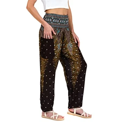 Abbildung von Lofbaz Damen Haremshose Yogahose Pumphose Hippie Hose Boho Kleidung Festival Outfit Sommerhose Leicht Sommer Hosen Peacock 1 Braun M