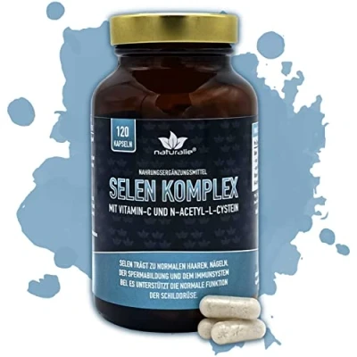 Abbildung von naturalie® Selen im 4 Fach Komplex bioverfügbare organische Selenhefe + Selenmethionin Vitamin C N Acetyl L Cystein 160µg reines laborgeprüft 120 Kapseln Braunglas BPA frei