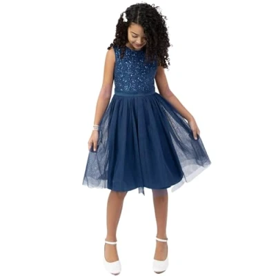Abbildung von Maya Deluxe Mädchen Paillettenverziertes Hochzeit Und Geburtstag Festlich Mit Bandschleife Brautjungfernkleid Kleid, French Navy, 7 8 Jahre EU