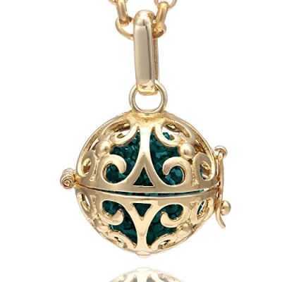 Abbildung von Morella Damen Halskette Edelstahl Gold 70 cm mit Ornament Anhänger und Klangkugel dunkelgrün Ø 16 mm in Schmuckbeutel