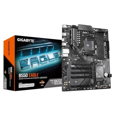 Abbildung von GIGABYTE B550 Eagle Mainboard AMD Ryzen 5000 G Serie CPUs, 10+3+1 Phasen VRM, bis zu 3200 MHz DDR4, 1xPCIe 4.0 + 3.0 M.2, 1GbE LAN, USB 3.2 Gen 2
