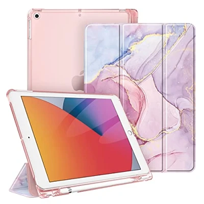 Abbildung von Fintie Hülle für iPad 9. Generation 2021/8. Gen 2020/7. 2019 10.2 Zoll mit Stifthalter, ultradünne leichte Schutzhülle transparenter Rückseite und Auto Schlaf/Wach Funktion, Marmor Rosa