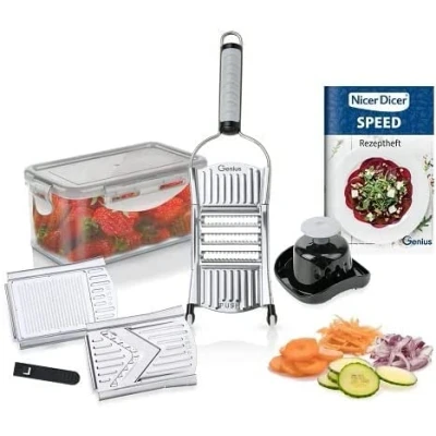 Abbildung von Genius Nicer Dicer Speed Set 9 tlg Multihobel Gemüseschneider Gemüsehobel mit 3 Einsätzen, Schneidguthalter &amp; Auffangbehälter 550ml Parmesanreibe, Juliennereibe und V Hobel, Silber