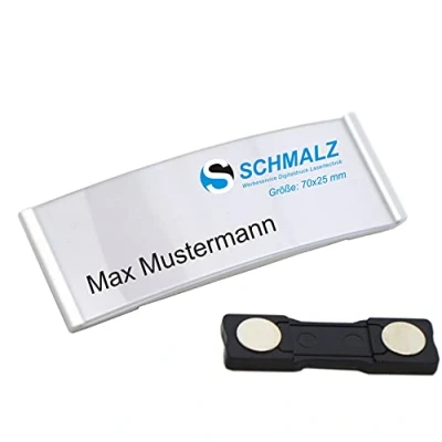 Abbildung von Schmalz® 10 STÜCK edles Aluminium Namensschilder mit starkem Magnet Doppelmagnet silber eloxiert professionelle Qualität, modisch gewölbt ca. 70x25mm Papiereinschub (silber)