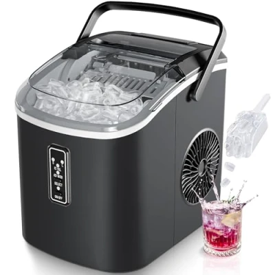 Abbildung von EUHOMY Eiswürfelmaschine Klein, 9 Würfel in 6 Minuten Bereit, 12 Kg/Day, Selbstreinigend, Tragbare Eismaschine Mit Tragegriff, Korb Und Schaufel, 2 Größen Von Eiswürfeln Für Zuhause, Küche, Schwarz