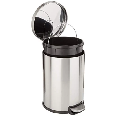 Abbildung von Amazon Basics 20 l Mülleimer mit Stahlrohrpedal Sanft Schließend Deckel, für Küche, Bad oder Büro, 5.3 Gallonen Zylindrisch, Edelstahl Gebürstet