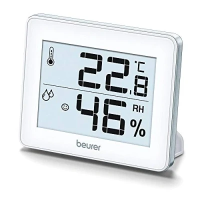Abbildung von Beurer HM 16 Thermo Hygrometer, Raumklimakontrolle mittels Temperaturanzeige und Luftfeuchtigkeit, Smiley Anzeige, Silber, 99 x 81 11 mm 1er Pack
