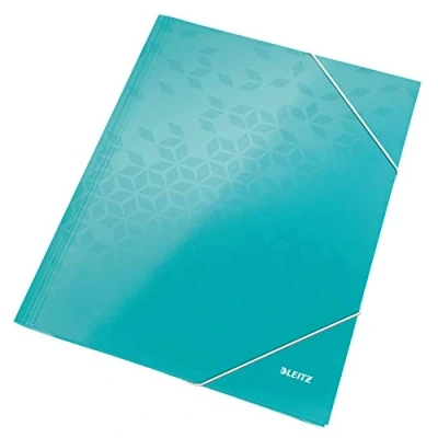 Abbildung von Leitz WOW 3 Klappen Mappe, Eckspannermappe für bis zu 150 A4 Blätter, elastischer Verschluss, Dokumentenmappe aus Pappe, Eisblau, 39820051