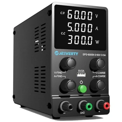 Abbildung von Labornetzteil, Jesverty Labornetzteil DC Regelbar Netzgerät(60 V, 5 A) mit hochpräzisem 4 stelligem LED Display, V/2 A USB Port Testleitungsausgang, grobe und feine Einstellungen SPS 6005N