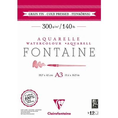 Abbildung von Clairefontaine 975950C Aquarellblock Fontaine DIN A3 29,7x42cm, mit 12 Bogen 300g feinkörnig, zweiseitig geleimt, 1 Block
