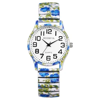 Abbildung von JewelryWe Damenuhr Boho Elastische Uhr: Bohemian Stil Blau Blumen Floral Druck Analog Quarz Armbanduhr Damen Edelstahl Stretch Armband Lässige Uhr mit Bedruckt Zugarmband und großen Zahlen