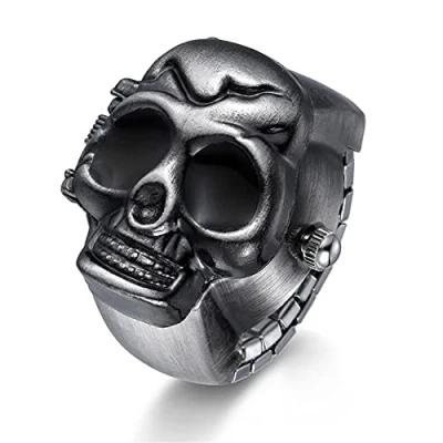Abbildung von JewelryWe Herren Ringuhr Fingeruhr Analog Quarz Uhr Elastisch Totenkopf Schädel Ring Band Edelstahl Uhrenring