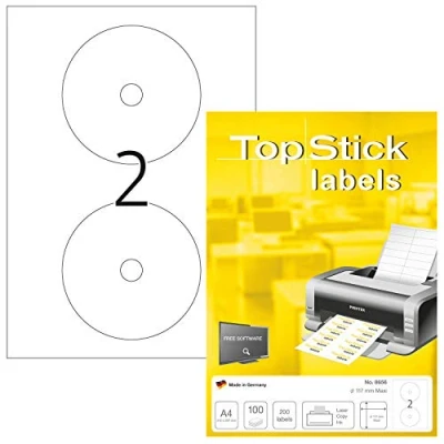 Abbildung von TopStick 8656 CD DVD Etiketten, 100 Blatt, Ø 117 mm Maxi, 2 pro A4 Bogen, 200 Stück, selbstklebend, bedruckbar, matt, blanko Papier Klebeetiketten Aufkleber, weiß