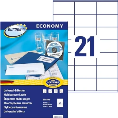 Abbildung von europe100 ELA045 Universal Etiketten A4 (2.100 Klebeetiketten, Format 70x41mm auf DIN A4, selbstklebende Universaletiketten, bedruckbare Aufkleber, 3481) 100 Blatt, weiß