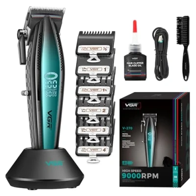 Abbildung von VGR 270 Haarschneidemaschine für Männer Professionell Geräuscharm Kabellos Hohe Geschwindigkeit 9000 U/min Fresh Fade Keramikklinge Haarschneideset mit 6 Führungskämmen USB Ladestation LED Anzeige