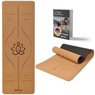 Abbildung von DH FitLife Yogamatte aus Kork &amp; TPE, Gymnastikmatte 183 x 61 0,6 cm, Fitnessmatte rutschfest umweltfreundlich, Sportmatte selbstreinigend, Yoga Matte mit Orientierungslinien (großer Lotos)
