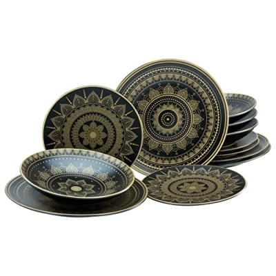 Abbildung von CreaTable, 23588, Serie MANDALA GOLD schwarz, 12 teiliges Geschirrset, Teller Set aus Steinzeug, spülmaschinen und mikrowellengeeignet, Qualitätsproduktion