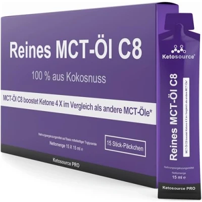 Abbildung von Pakete mit Reinem MCT Öl C8 Produziert 4X Ketone im Vergleich als Andere Öle Höchste Reinheit von über 99% 100% aus Kokosnuss Vegan Schachtel 15 x ml Portionen Ketosource®
