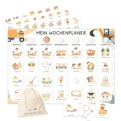 Abbildung von Wochenplaner Kinder mit Klettpunkten, Montessori Tagesplan 350 Routinekarten visueller Routineplaner für (Bagger)