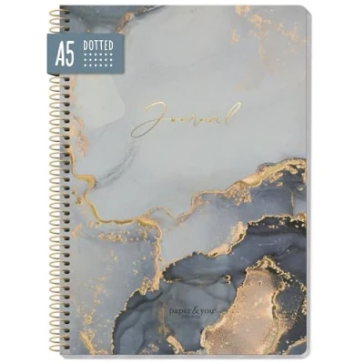 Abbildung von paper&amp;you® Bullet Journal dotted A5 mit Spiralbindung &quot;Grey Marble&quot; 160 Seiten, Notizbuch gepunktet Spirale, College Block, Spiral Notizblock nachhaltig &amp; klimafreundlich